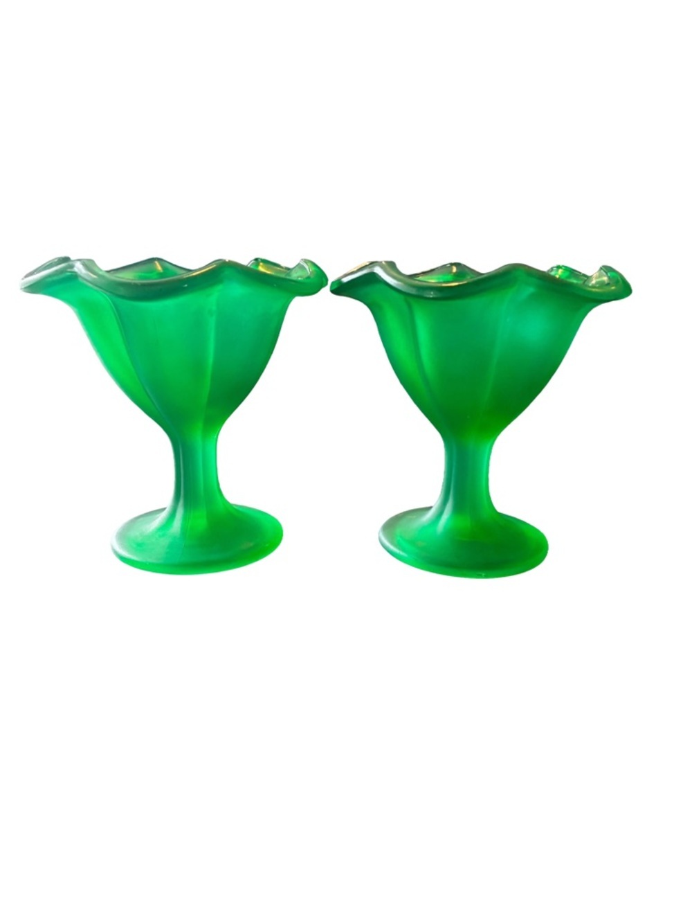 Vintage Uranium Glass Sherbet Cups Set 2 Frosted Green MCM Glow